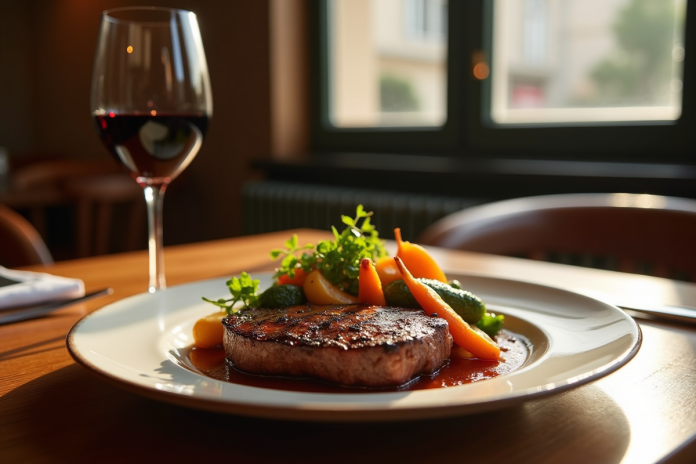 Table en bois dans un restaurant lyonnais avec un steak grillé et vin rouge