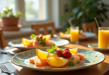 Table de brunch élégante avec plats créatifs au yuzu et melon jaune