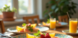 Table de brunch élégante avec plats créatifs au yuzu et melon jaune