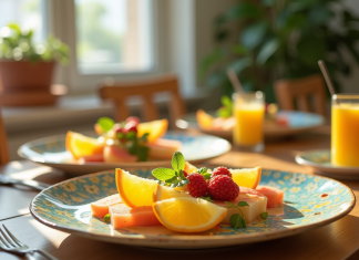 Table de brunch élégante avec plats créatifs au yuzu et melon jaune