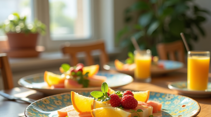 Table de brunch élégante avec plats créatifs au yuzu et melon jaune