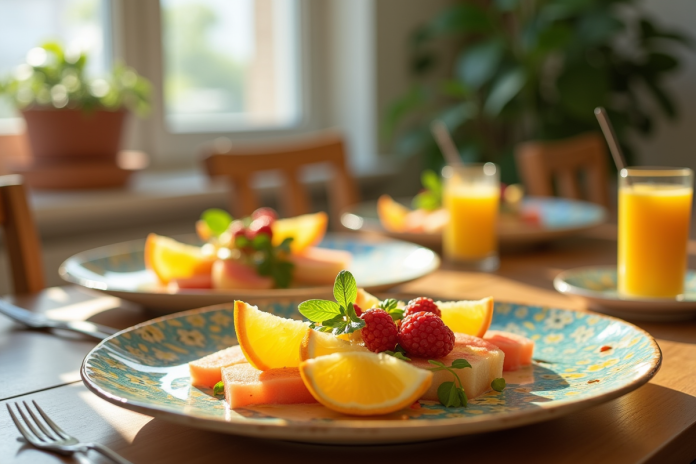 table-brunch-yuzu-yellowwatermelon Table de brunch élégante avec plats créatifs au yuzu et melon jaune
