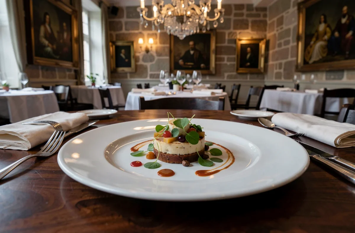 Assiette de haute gastronomie artistiquement dressée à La Table du Clarance, restaurant étoilé dans un hôtel particulier de Lille.