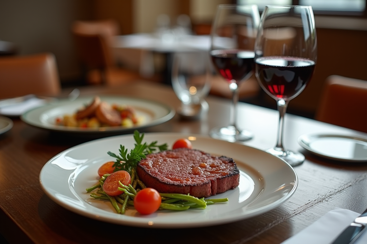 Table élégante avec boudin noir et verre de vin rouge