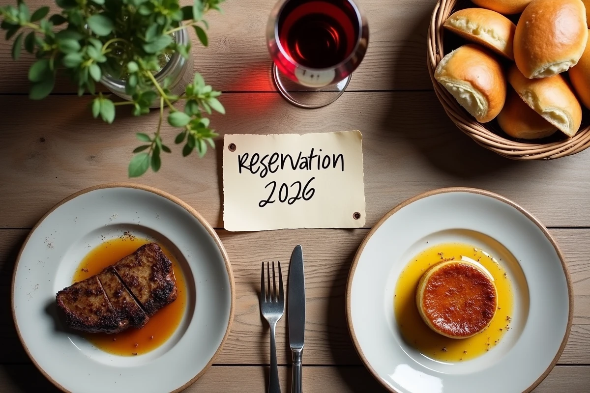 Table dressée dans un bistrot parisien avec carton de réservation 2026, verre de bordeaux rouge, entrecôte frites et crème brûlée sur fond en bois vieilli