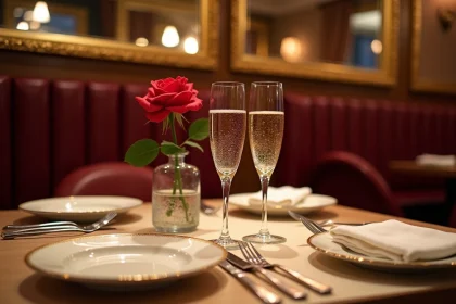 Table romantique dressée avec élégance au restaurant Rivoli, avec champagne, rose rouge et vaisselle raffinée pour un dîner en amoureux