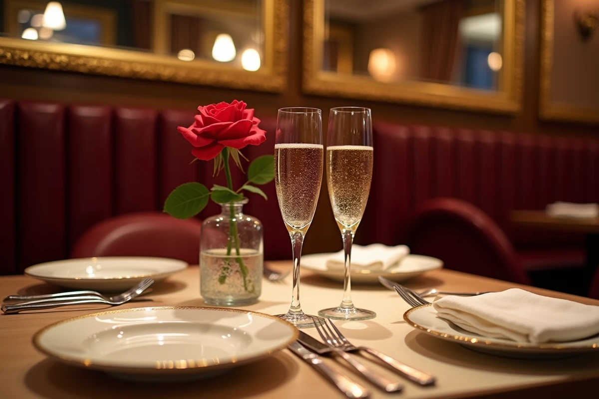 Table romantique dressée avec élégance au restaurant Rivoli, avec champagne, rose rouge et vaisselle raffinée pour un dîner en amoureux