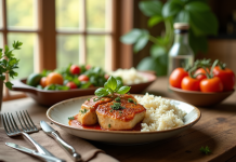 Table rustique avec riz et légumes frais pour un repas
