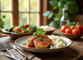 Table rustique avec riz et légumes frais pour un repas