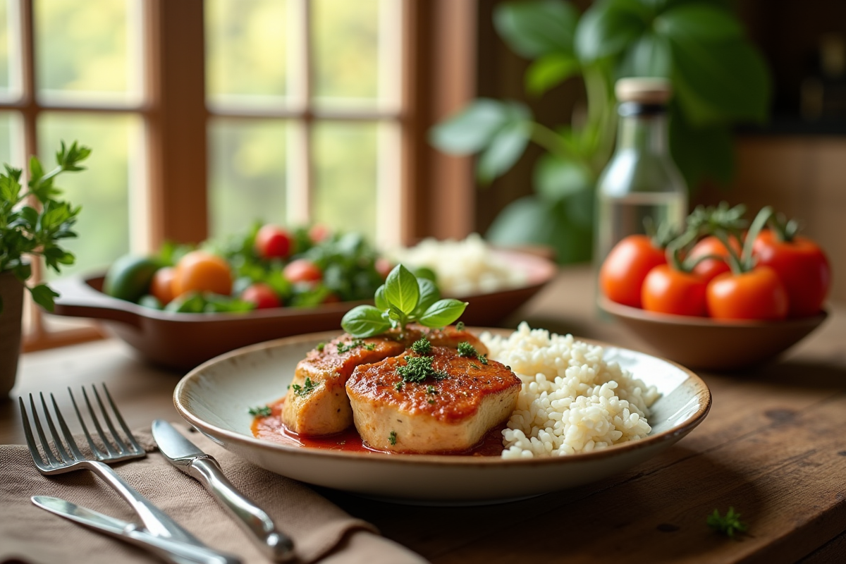 Table rustique avec riz et légumes frais pour un repas