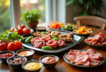 Table animée avec légumes frais charcuterie et pierrade