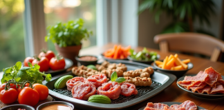 Table animée avec légumes frais charcuterie et pierrade
