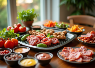 Table animée avec légumes frais charcuterie et pierrade