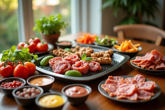 table-vivante-legumes-charcuterie Table animée avec légumes frais charcuterie et pierrade