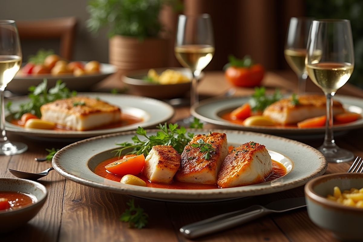 Table familiale avec plats de cod au chorizo et vin blanc chaleureux