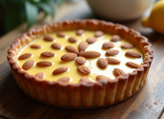 Tarte aux amandes rustique sur une table en bois en lumière naturelle