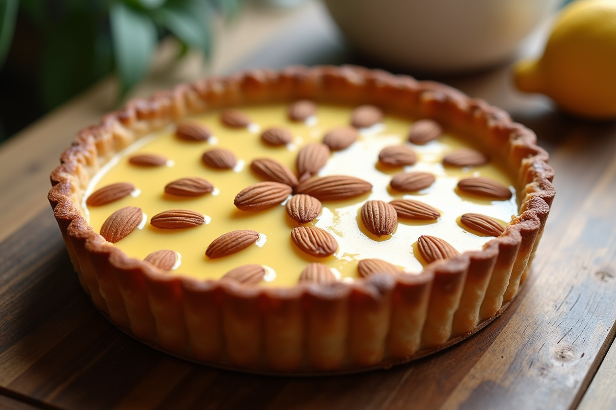 Tarte aux amandes rustique sur une table en bois en lumière naturelle