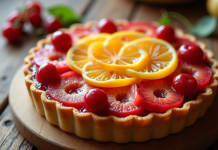Tarte élégante avec tranches de cerise citron et cantaloupe