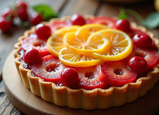 Tarte élégante avec tranches de cerise citron et cantaloupe