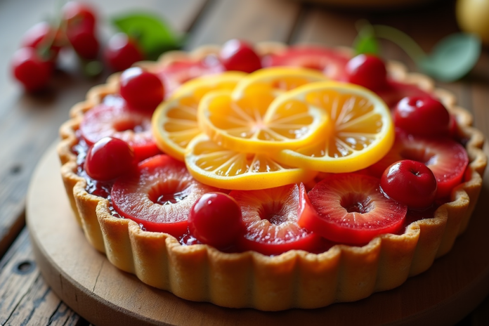 Tarte élégante avec tranches de cerise citron et cantaloupe