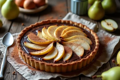 Tarte familiale poire et chocolat posée sur une table en bois rustique avec un couteau à tarte vintage