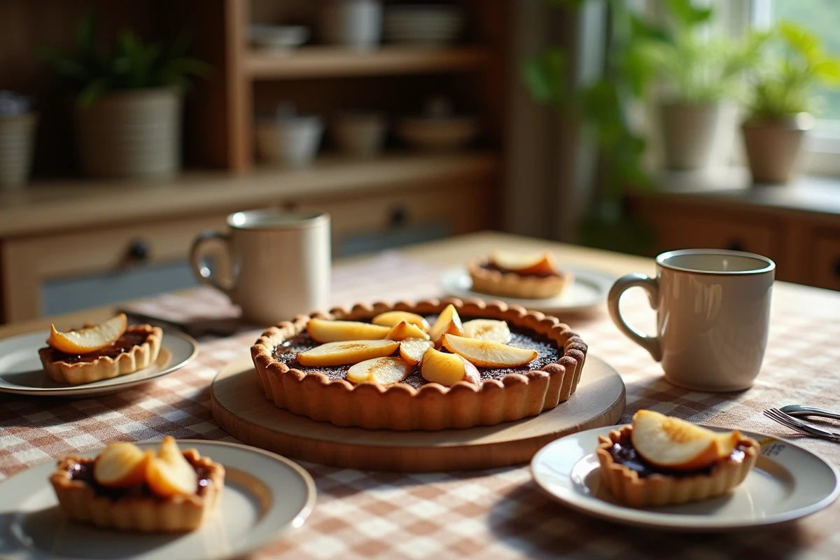 Scène familiale avec une tarte poire et chocolat entière au centre d'une table dressée pour le partage