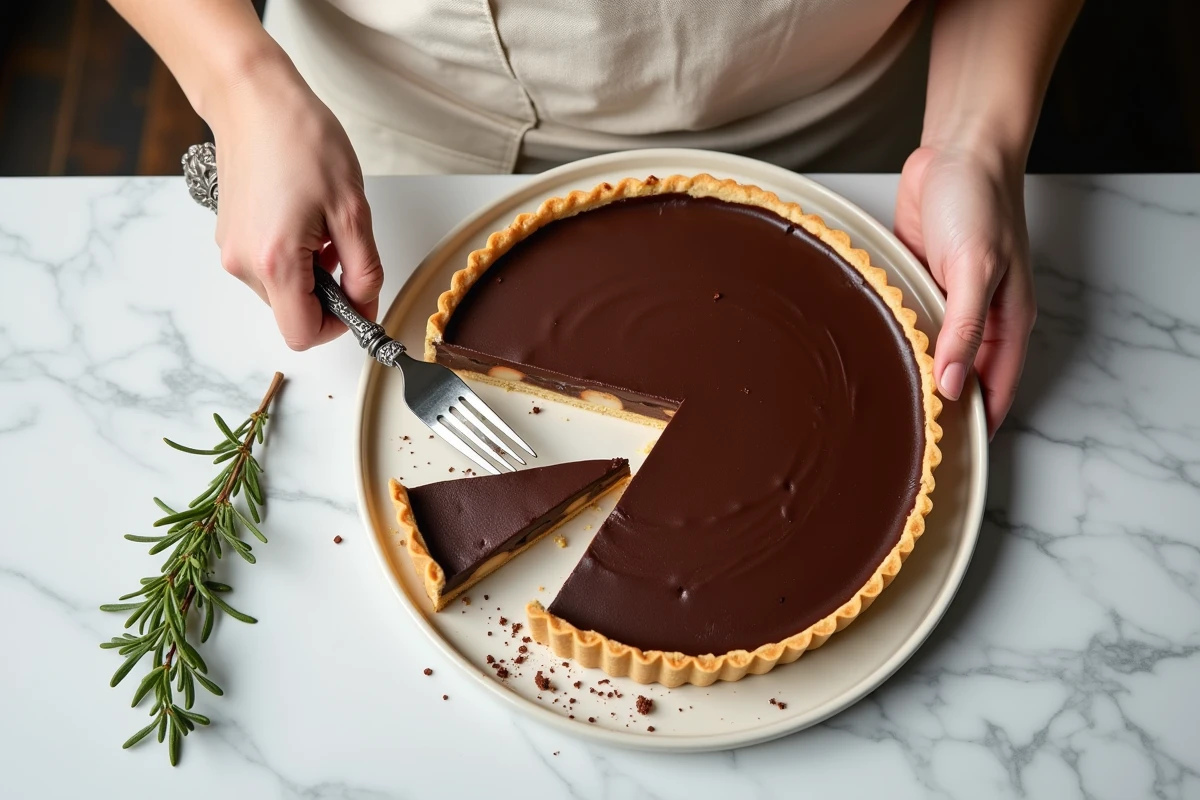 Vue de dessus d'une tarte poire chocolat en cours de découpe sur une assiette en céramique blanche