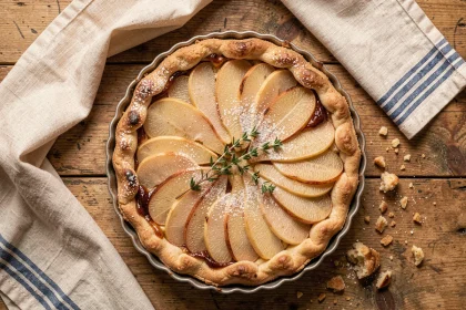 Tarte aux poires maison vue de dessus sur une table en bois rustique avec un torchon en lin vintage
