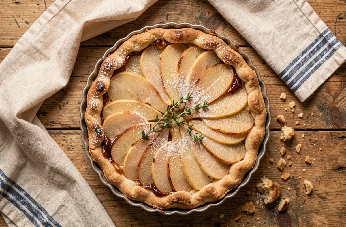 Tarte aux poires maison vue de dessus sur une table en bois rustique avec un torchon en lin vintage