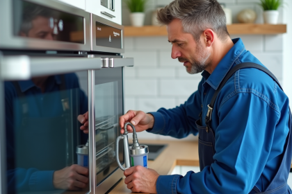 Technicien en bleu connectant un filtre à un four vapeur moderne