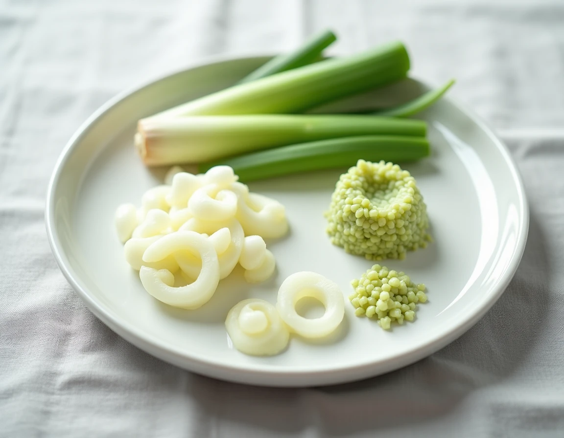 Différentes textures et tailles de morceaux de poireau pour la diversification alimentaire du bébé présentées sur une assiette en céramique