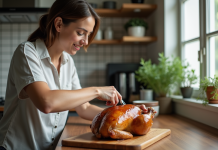 Emplacement idéal pour sonde de température : Poulet, où la placer ? Femme insérant un thermomètre dans un poulet rôti à la maison