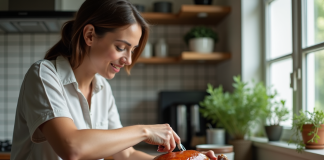 Emplacement idéal pour sonde de température : Poulet, où la placer ? Femme insérant un thermomètre dans un poulet rôti à la maison