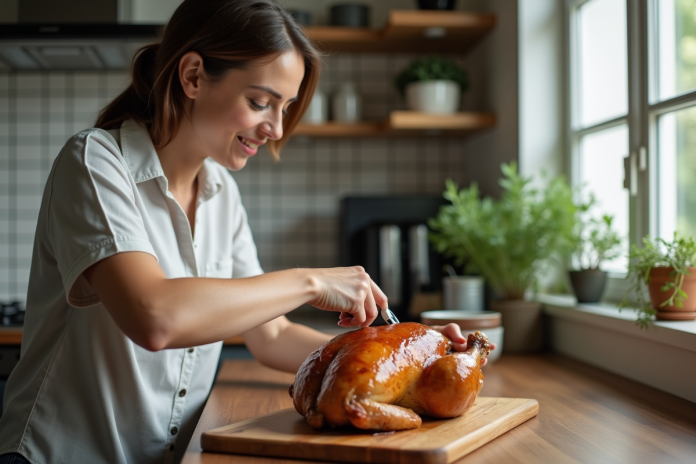 Femme insérant un thermomètre dans un poulet rôti à la maison