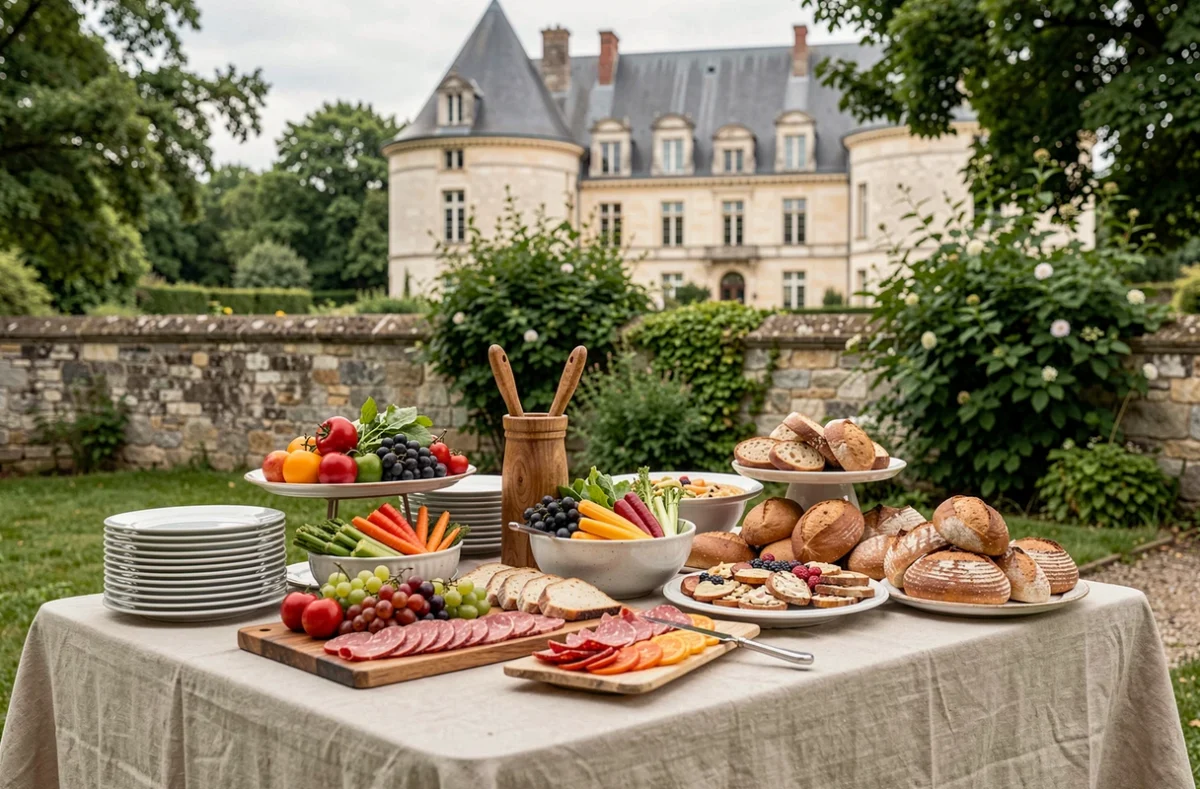 Grand buffet de traiteur en extérieur dans les Pays de la Loire avec spécialités régionales françaises disposées sur une table habillée de lin, devant un jardin de château ligérien