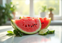Tranche de melon et concombre frais sur table lumineuse