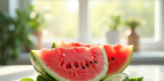 Tranche de melon et concombre frais sur table lumineuse