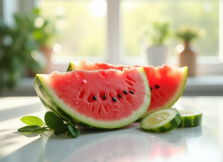 Fruit le plus drainant : connaissez-vous ce secret naturel ? Tranche de melon et concombre frais sur table lumineuse