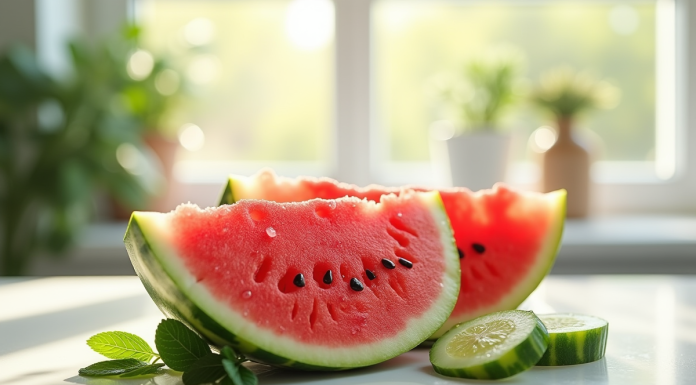 Tranche de melon et concombre frais sur table lumineuse