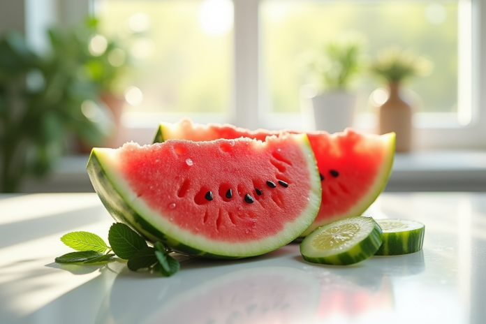 Tranche de melon et concombre frais sur table lumineuse