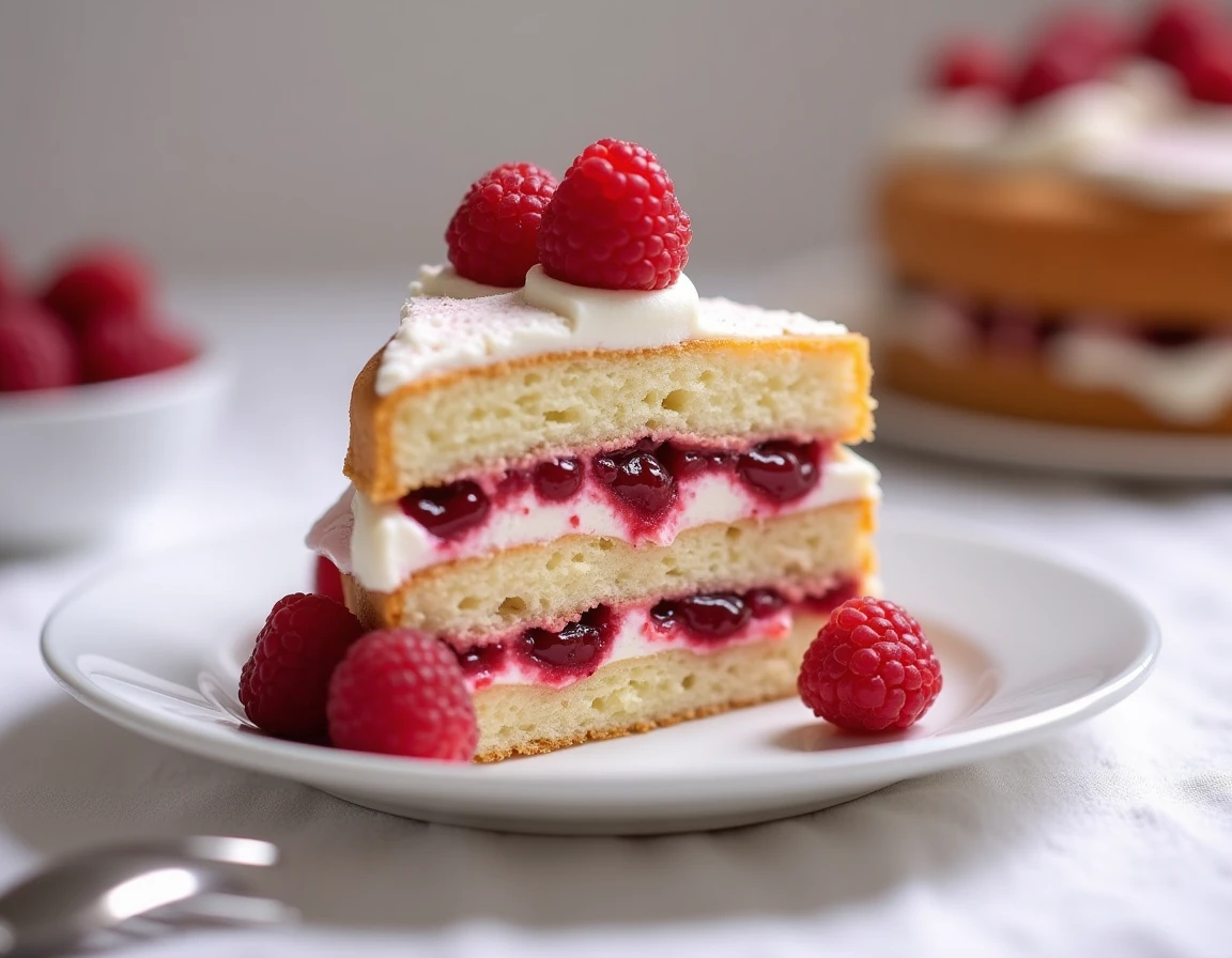 Tranche de gâteau à la framboise en coupe révélant les couches de génoise moelleuse, confiture et crème fraîche