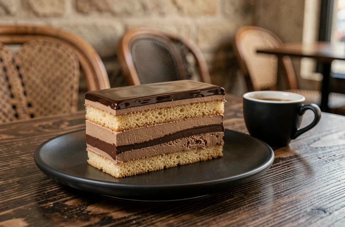Tranche de gâteau Opéra aux couches parfaitement définies de biscuit, crème au beurre et ganache chocolat servie dans un café parisien