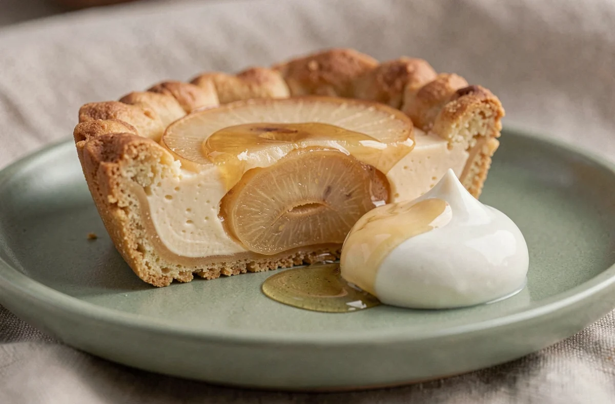 Tranche de tarte aux poires avec crème d'amande sur une assiette en céramique verte avec crème fraîche