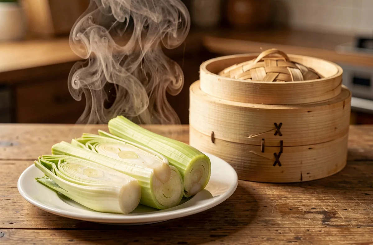 Tronçons de poireaux cuits à la vapeur dans une assiette