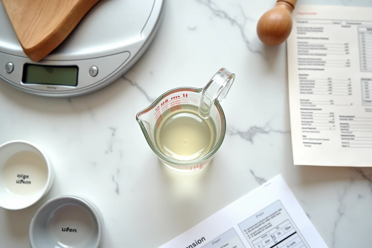 Vue de dessus d'un verre doseur gradué à 125 ml sur marbre avec balance numérique et tableau de conversion grammes en centilitres