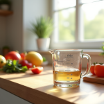 Verre mesureur rempli à 30 ml sur plan de cuisine en bois