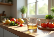 Verre mesureur rempli à 30 ml sur plan de cuisine en bois