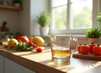 Verre mesureur rempli à 30 ml sur plan de cuisine en bois