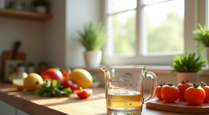 Verre mesureur rempli à 30 ml sur plan de cuisine en bois