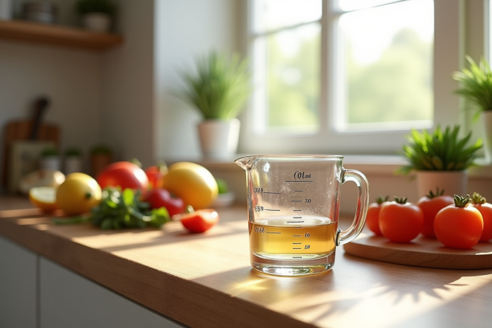 Verre mesureur rempli à 30 ml sur plan de cuisine en bois